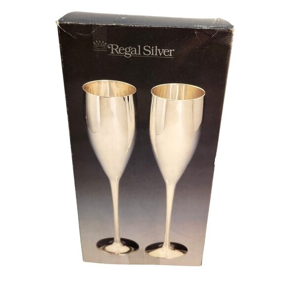 Regal Silver Silverplated Tulip Champagne Flutes Pair Vintage Still in Box - Picture 3 of 12